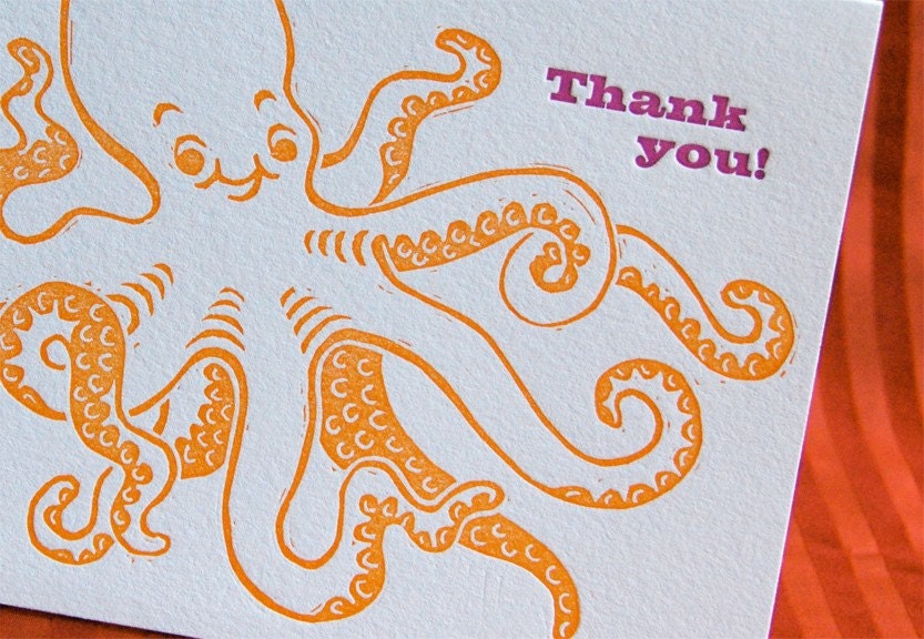 6 Thank You Octopus Letterpress Linocut Cards