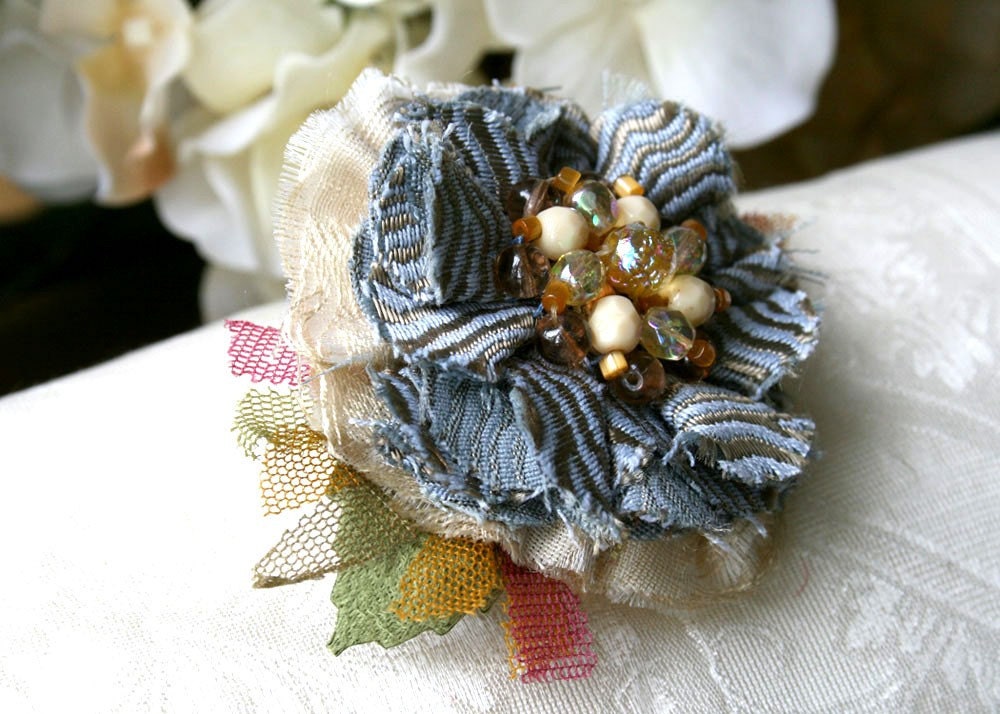 French Blue and Amber Yellow Hair Barrette Flower Fascinator Clip