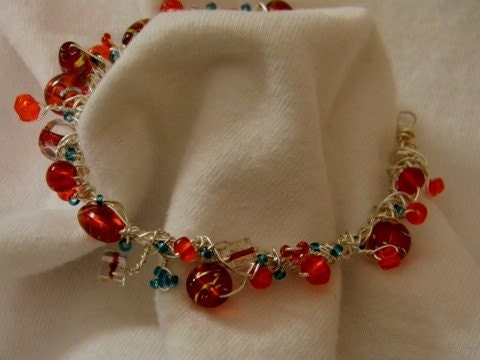 Unique Red and Turquoise Wire Wrapped Free Form Bracelet