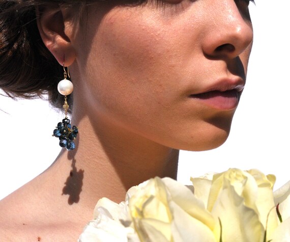 Jewelry, Earrings, London blue Topaz, Diamond, Blue Earrings, Stunning, Bridal Jewelry,, something blue,   Diamond,   Pearl earrings
