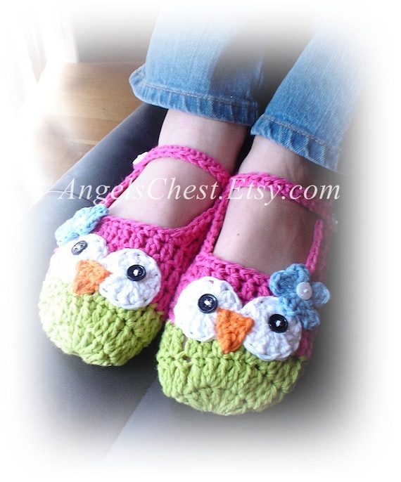 PDF Crochet Pattern Owl Mary Janes Slippers Sizes Preteen to Adult No. 17
