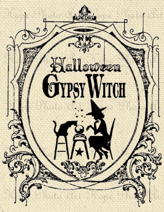 Halloween Gypsy Witch Image Transfer - Burlap Feed Sacks Canvas Pillows Tea Towels greeting cards paper supplies- U Print JPG 300dpi