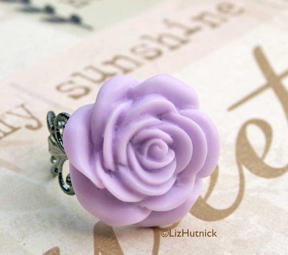 Lilac Tea Rose Ring with Gunmetal Gray Plated Filigree - FREE shipping