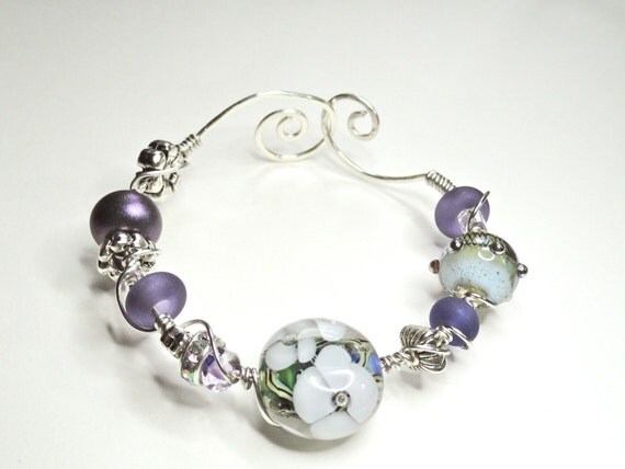 Lilac and Lavender Flower Lampwork Bead Wire Wrapped Bracelet