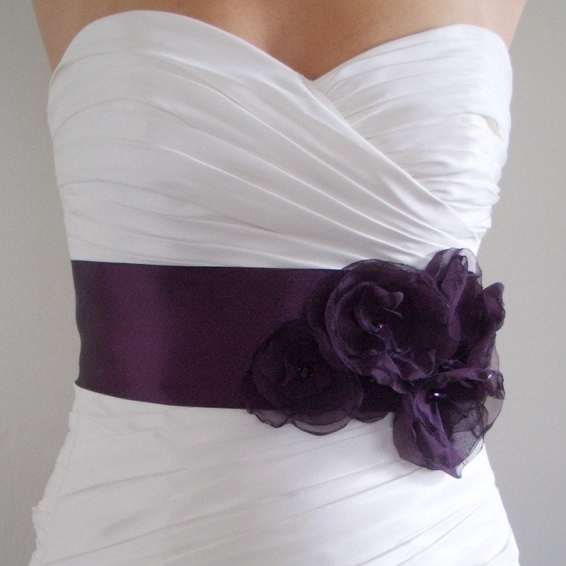 Bridal Sash AUBERGINE Dark Eggplant Purple Satin Bridal Belt