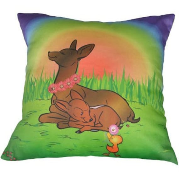 Handmade Decorative Custom Art Pillow Cover with mom and baby deer