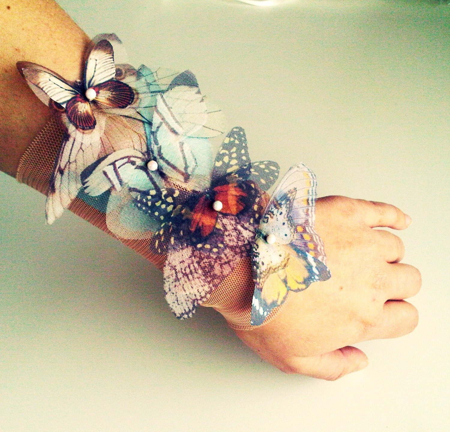 Fluttery Butterflies wide Cuff Bracelet or Anklet -Natural Colors- Made to order
