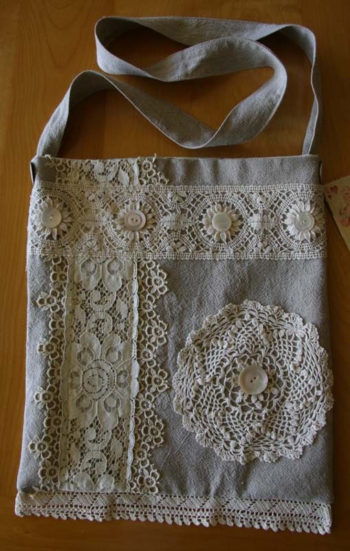 Fab OOAK Handmade Linen Shoulder Bag with Vintage Lace Trim