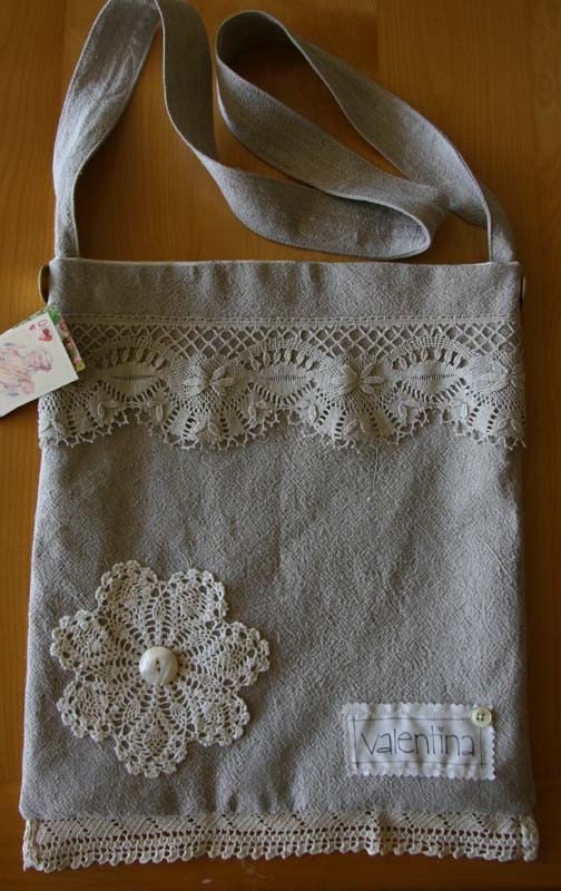 Fab OOAK Handmade Linen Shoulder Bag with Vintage Lace Trim
