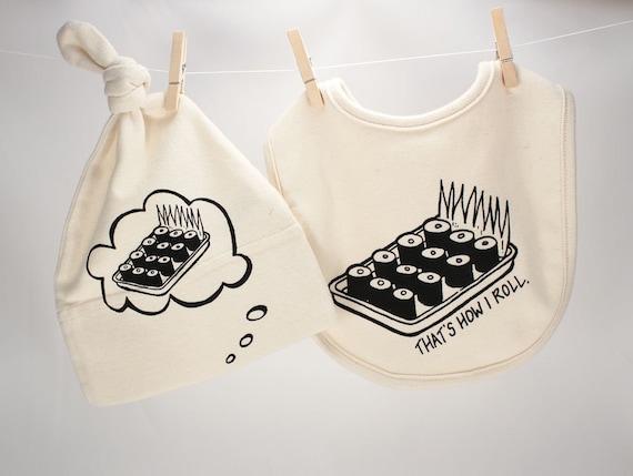 Organic baby hat, baby bib, screen printed gift set (sushi- That's How I Roll)