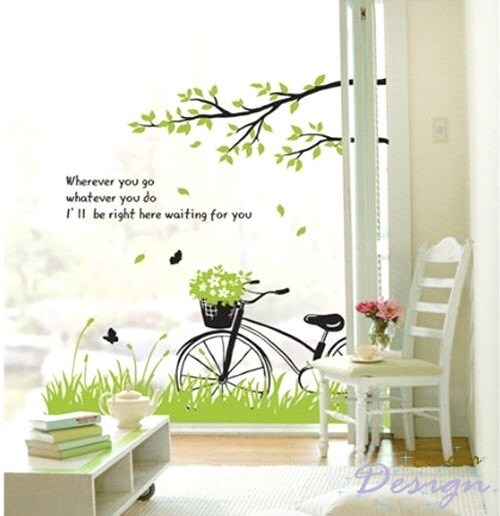 Spring Grass under Tree branch Butterfly Birds Bicycle----Removable Graphic Art wall decals stickers home decor