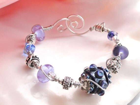 Royal Purple Lavender and Lilac Lampworkl Bead Wire Wrapped Silver Bracelet