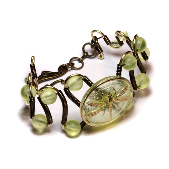 Steampunk Bracelet -  Vintage Czech Uranium Glass with Art Deco DRAGONFLY Button