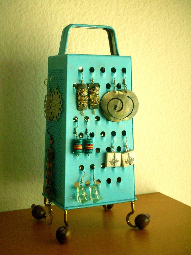 Unique Earring Stand,  Fun Surrealistic Style Retro Industrial Object,Turquoise , Re Purposed Cheese Grater