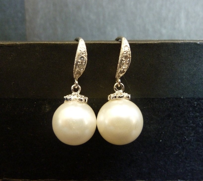 20%off-bridal pearl earrings-big pearl dangle earrings with crystals in sterling silver-classic pearl earrings-single pearl dangle earring