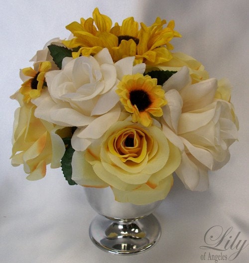 6 Cup Centerpiece Wedding Decoration Sunflower YELLOW IVORY Lily Of Angeles