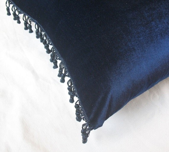 navy velvet throw pillow with tassel detailing 16 inch decorative cushion cover