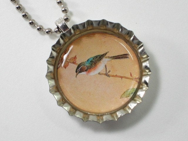 Bottlecap Necklace - Asian Style Bird and Blossom