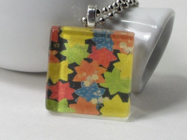 Glass Tile Pendant Necklace - Bright Collage Pattern