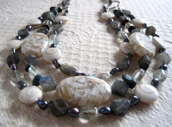 Labradorite Mother of Pearl Shell Triple Strand Necklace