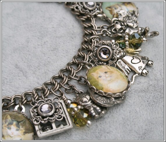 Cats Leave Pawprints on your Heart,  Vintage Inspired Charm Bracelet