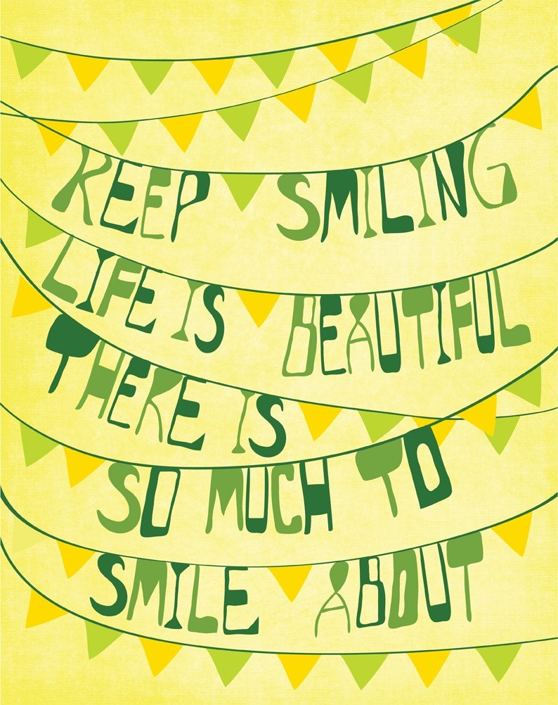 Inspiration Print Art "Keep Smiling" 11x14 Yellow & Green Modern Art Poster with Inspirational Saying