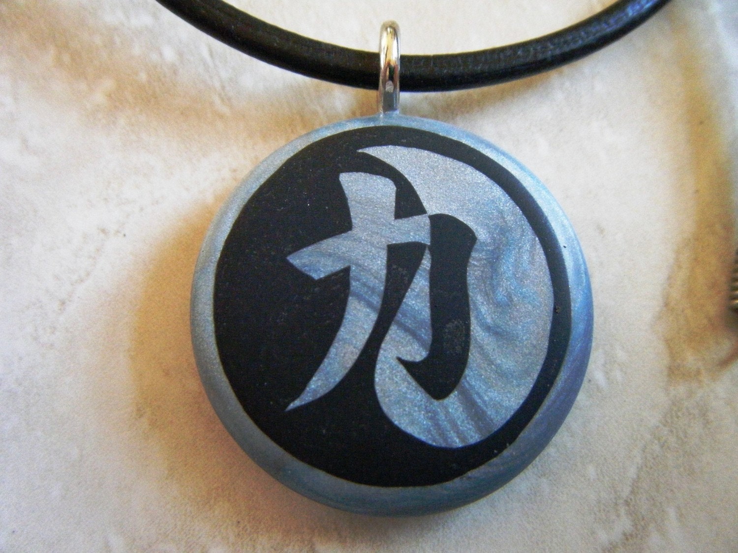 Japanese Kanji Symbol Strength Yin Yang Pendant With Mm Leather