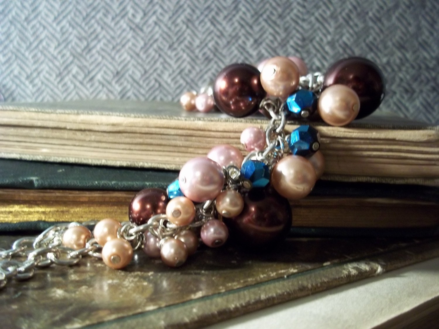 Pearl wire wrapped necklace-  Madison pink brown and blue