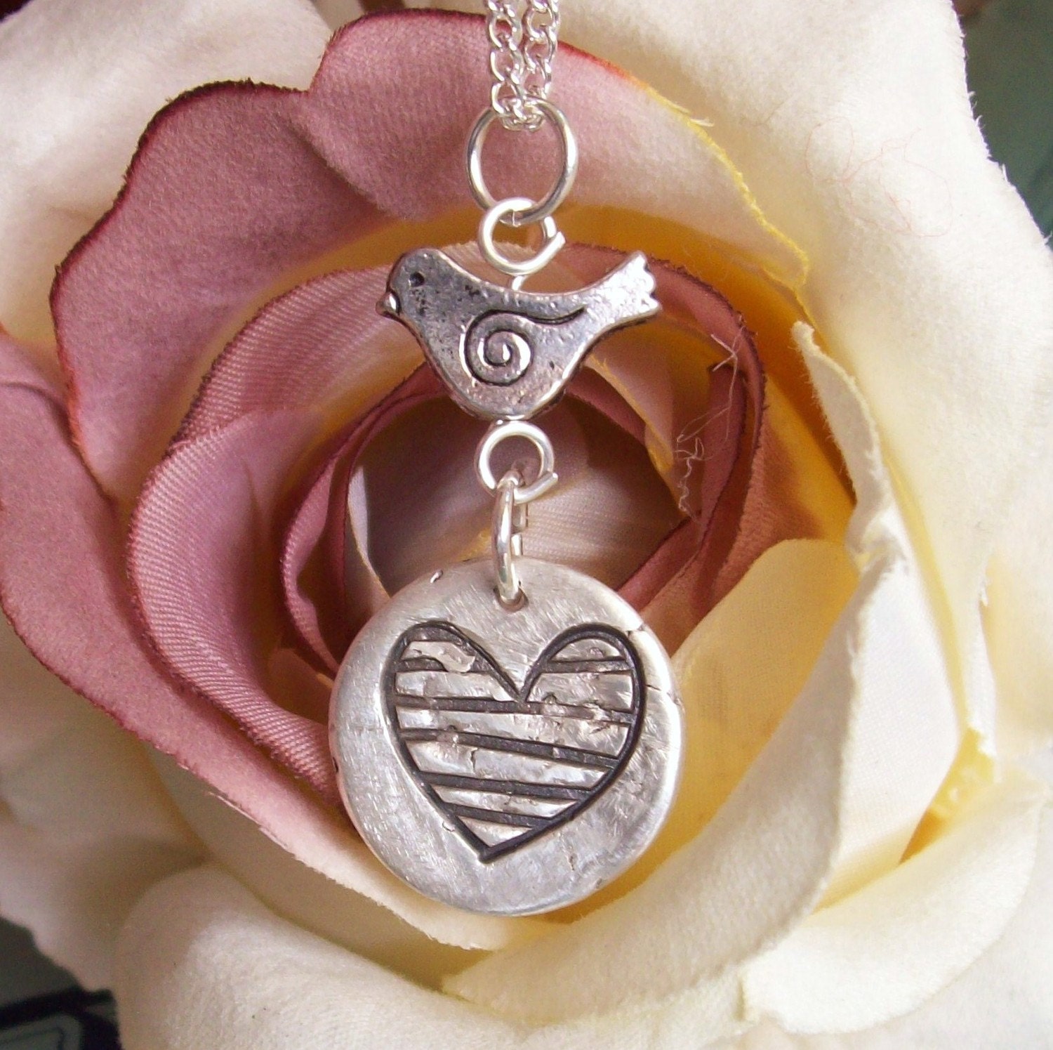 Artisan Silver Jewelry, Silver Tweet Heart Necklace, Silver Heart Necklace
