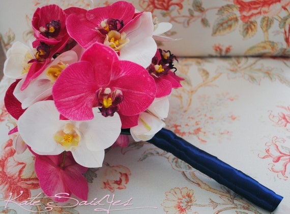 Orchid Wedding Bouquet Fuchsia Ivory and Navy Blue Real Touch Orchid 