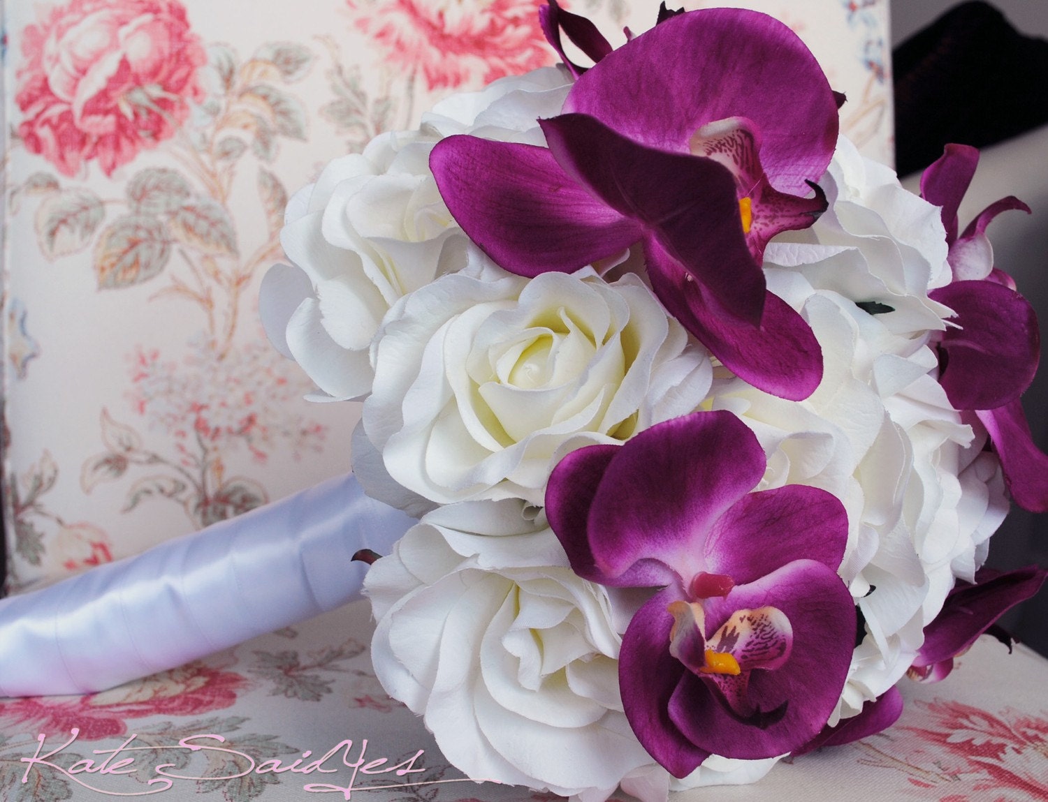 White Rose and Fuchsia Pink Orchid Bridal Bouquet