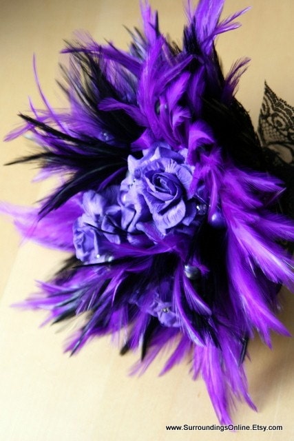 Purple and Black Lace Bridal Bouquet Handmade Flowers with Feather Accents
