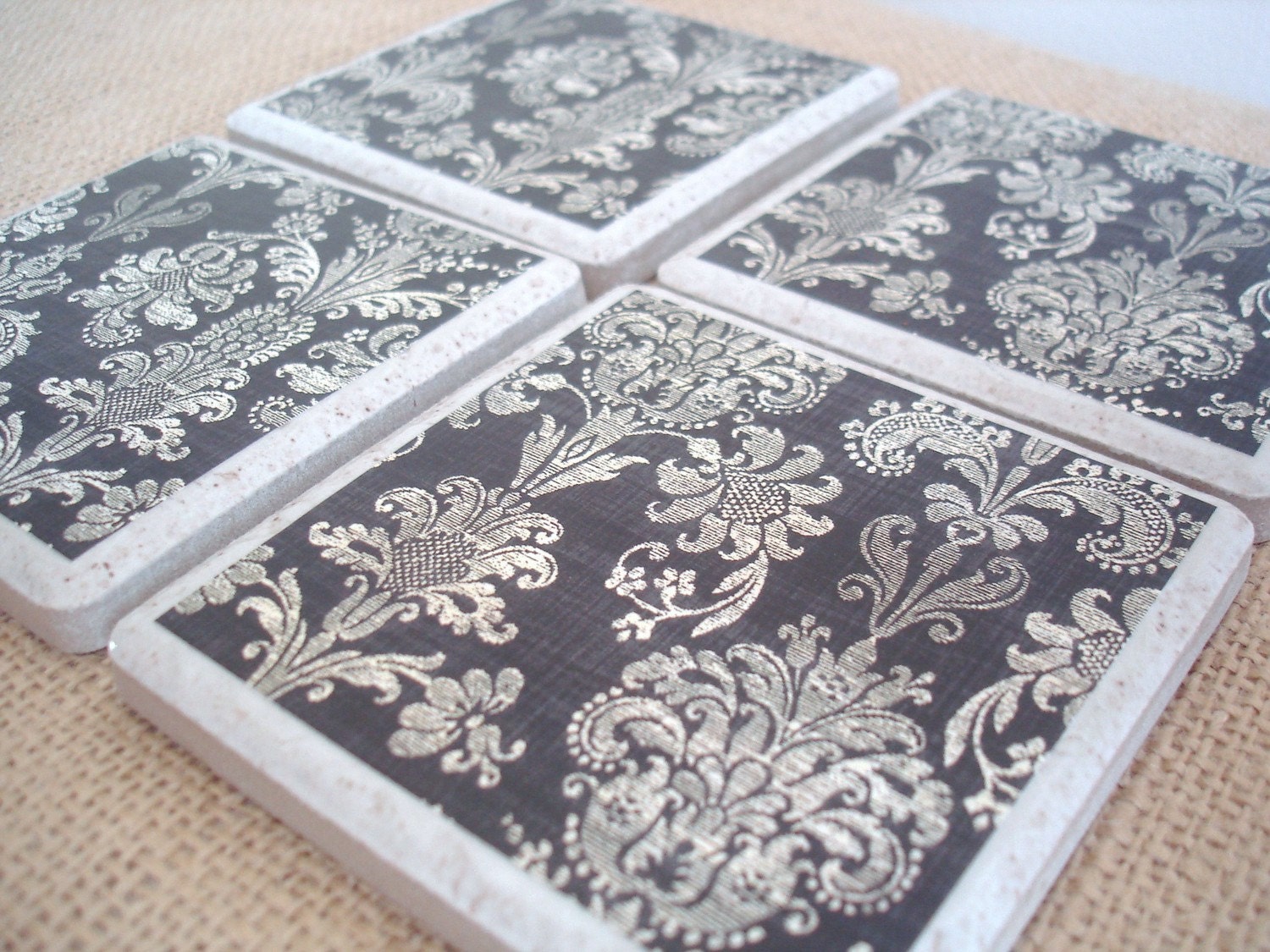 Shabby Damask Coasters-A Vintage-Inspired Set by burlap and blue