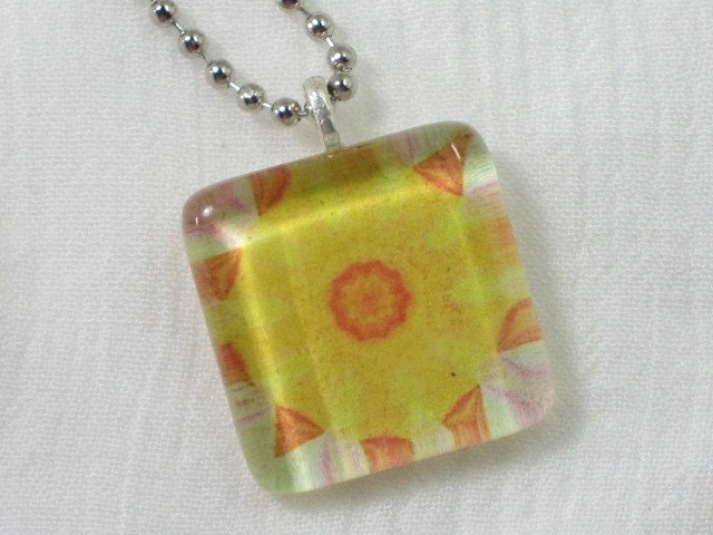 Glass Tile Pendant Necklace - Mandala - Yellow
