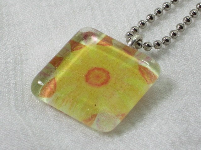 Glass Tile Pendant Necklace - Mandala - Yellow