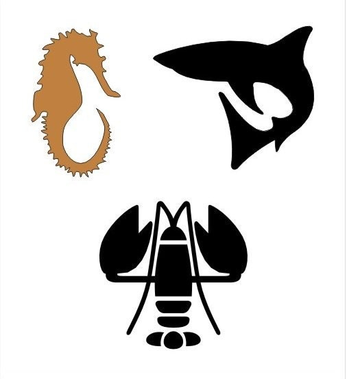 Stencil sea horse shark lobster trio images are approx