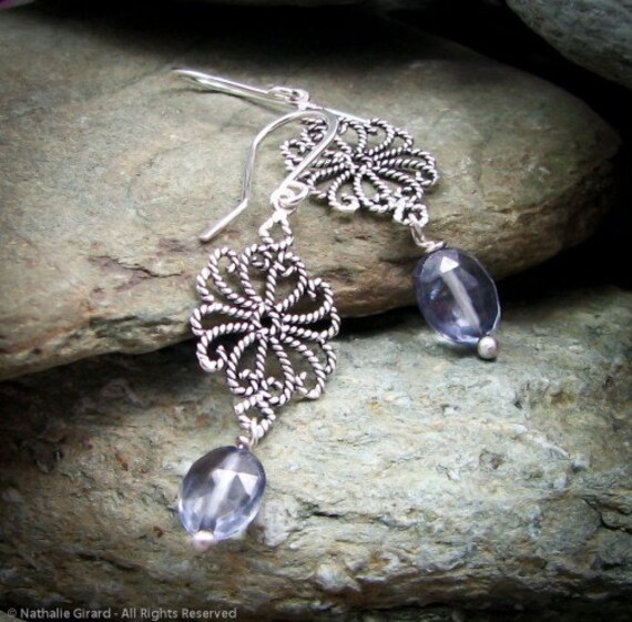 Smokey Blue Platinum Silver Topaz Sterling Silver Drops Earrings Filigree Maltese Cross Lightweight Ready To Ship OOAK