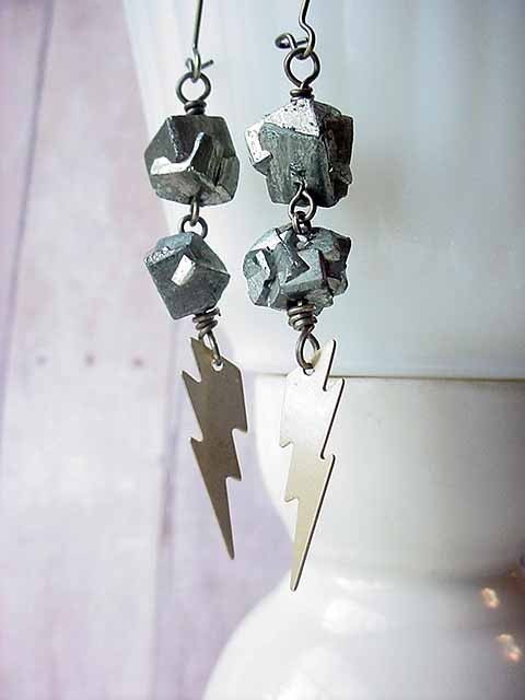 Lightning Bolt and Pyrite Nugget Earrings - Shazaaam
