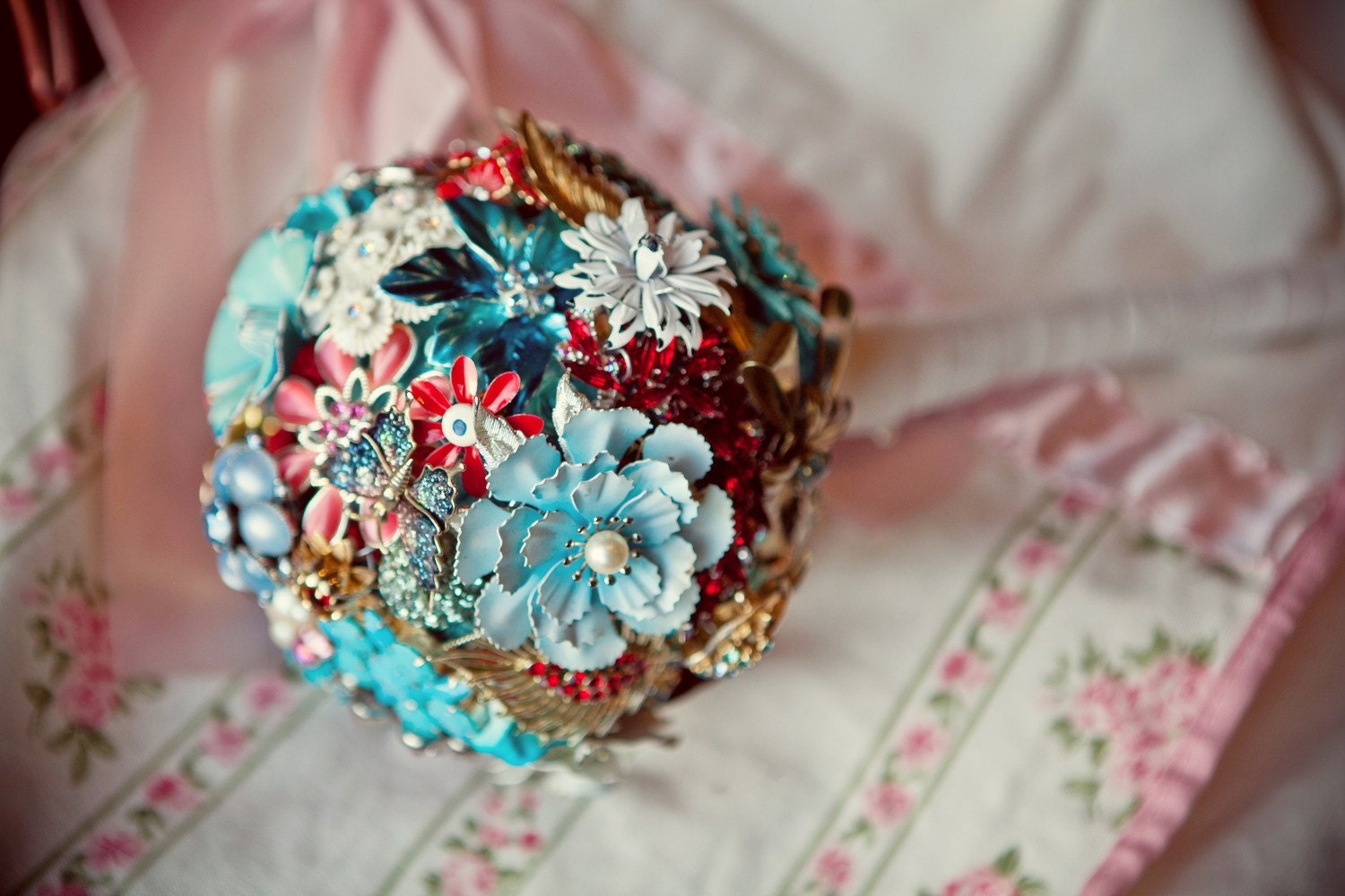 Custom Bridal Bouquet Alternative - Aqua and Red - Handcrafted