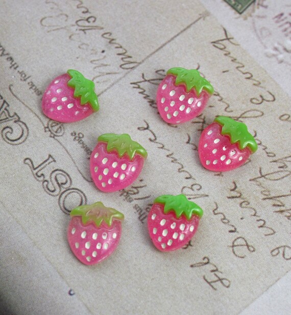 10 Plastic Resin Pink Strawberry Cabochons 10x13mm