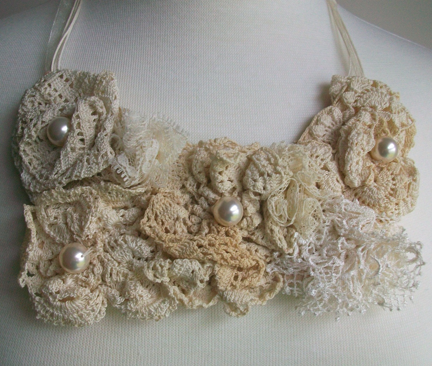 Bib Necklace with Vintage Lace Roses