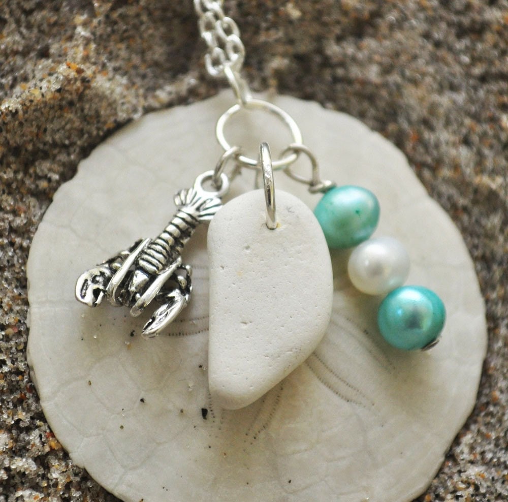 Seaglass Necklace, Beach Pottery Necklace, Lobster Charm, Pearls, White, Silver Plated Chain
