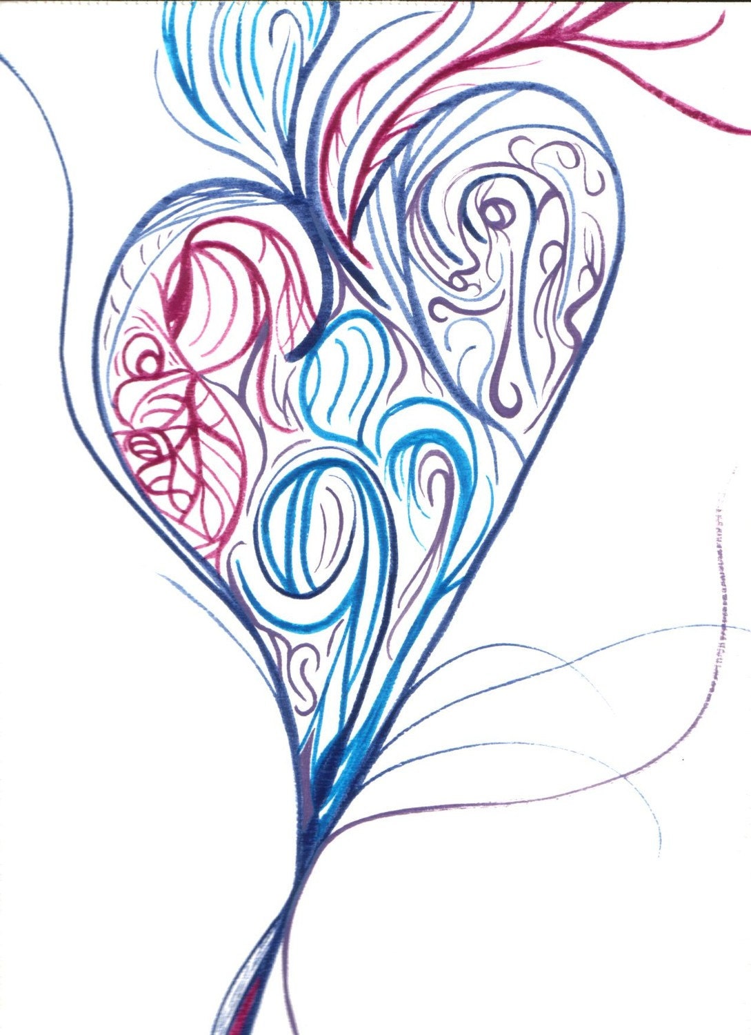 Blue & Purple Heart Painting - Original Signed Watercolour 9x12