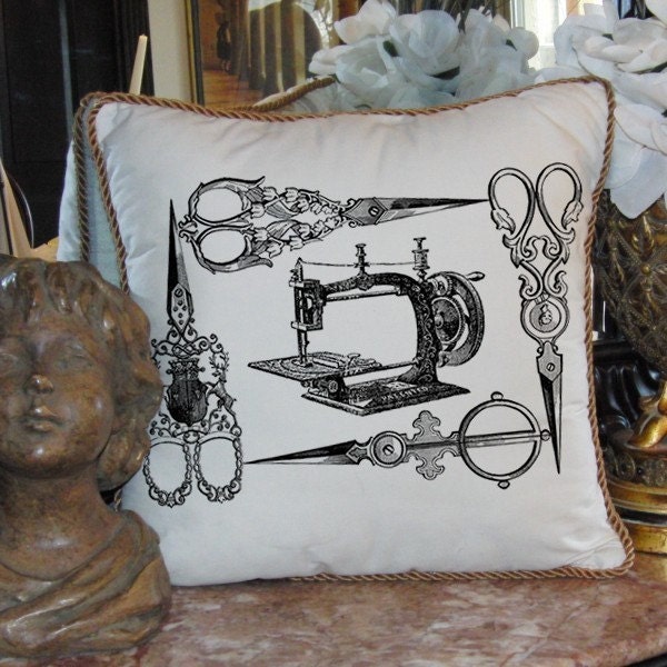Antique Sewing Machine Ornate Scissors Frame Digital Image Download Transfer To Pillows Tote Tea Towels Burlap No. 2133