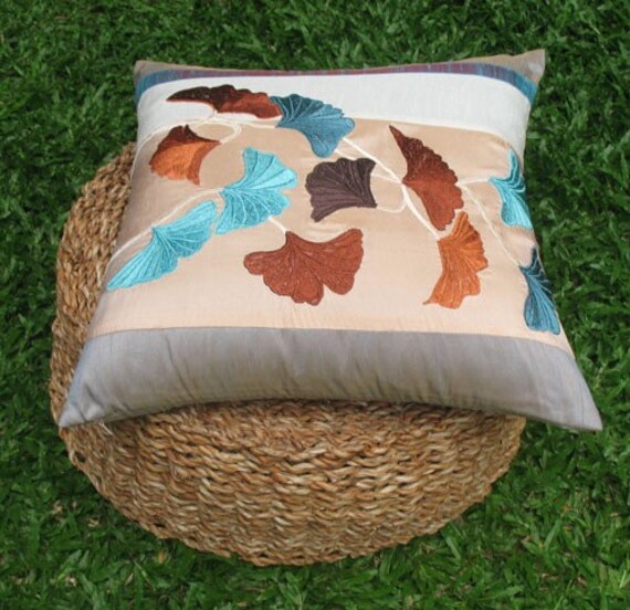 ginkgo leaf embroidered decorative throw pillow 16 inch