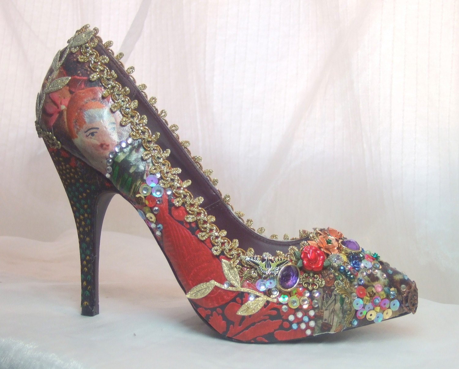 NatURal WOnders..Whimsical, collage sparkly Party and PROM sHoes...ready to post..UK size 6  US size 8