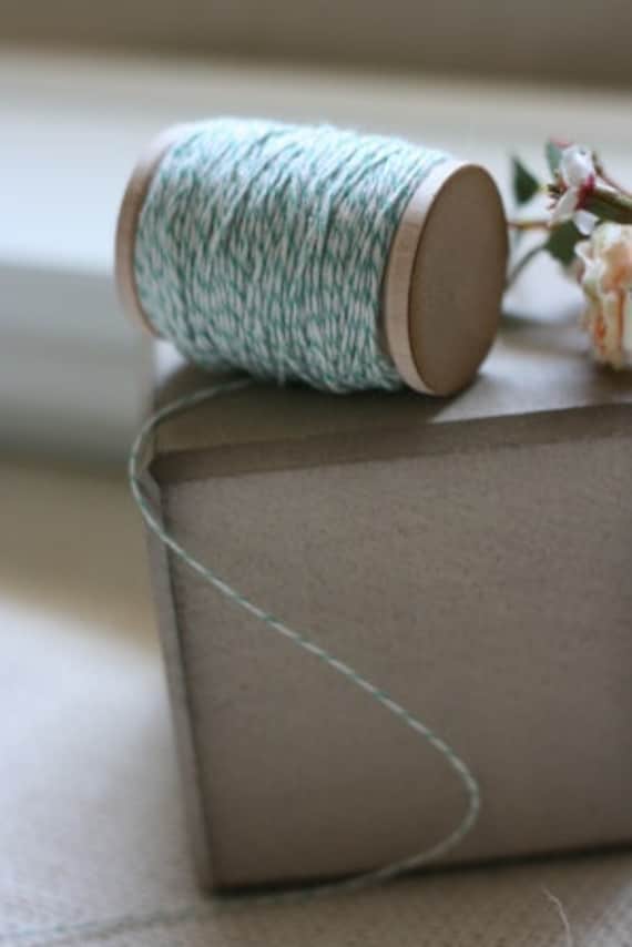 seafoam green BAKERS TWINE x 20 yards on vintage style wooden spool, string for tags, packaging string
