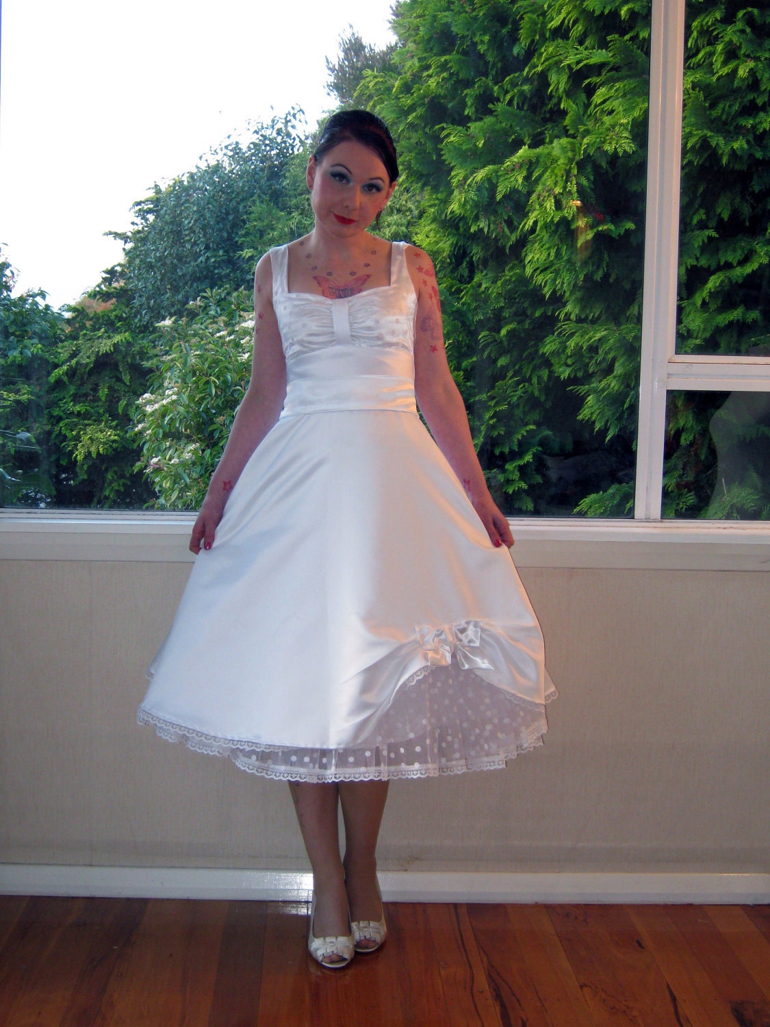 Wedding Dress in Full Skirted 1950s Pin up Rockabilly Style with Polka Dot Petticoat and Sash Tea Length - custom made to fit