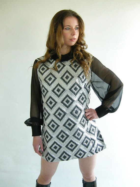 METALLIC Silver Diamonds Black Vintage 60s Mod Mini by empressjade from etsy.com