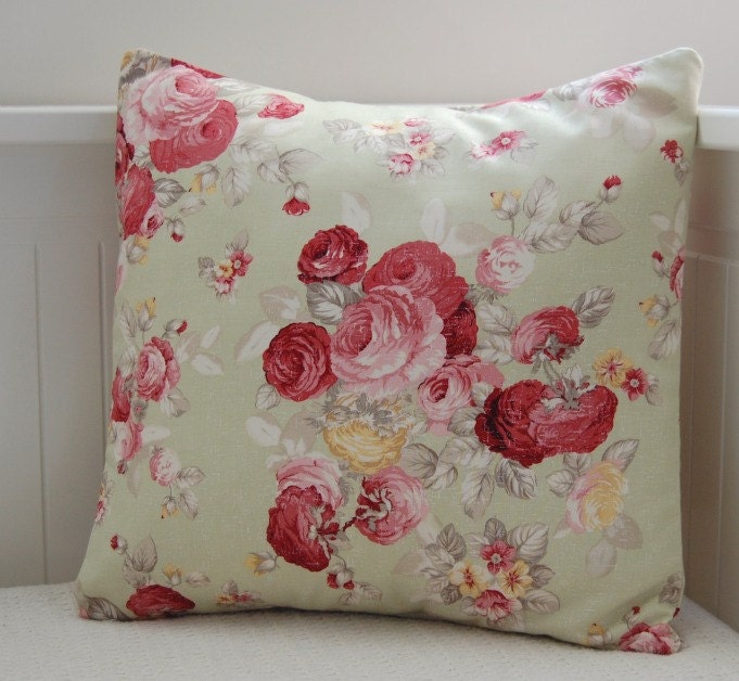 shabby chic roses cushion cover,green pillow cover OOAK